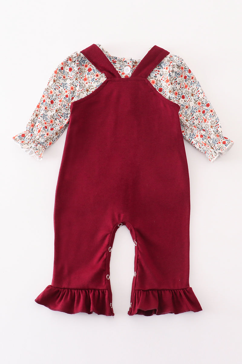 Maroon thanksgiving turkey applique floral girl romper set