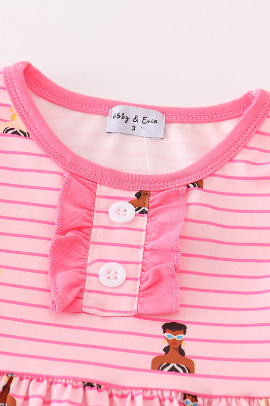 Pink stripe barbie print ruffle dress