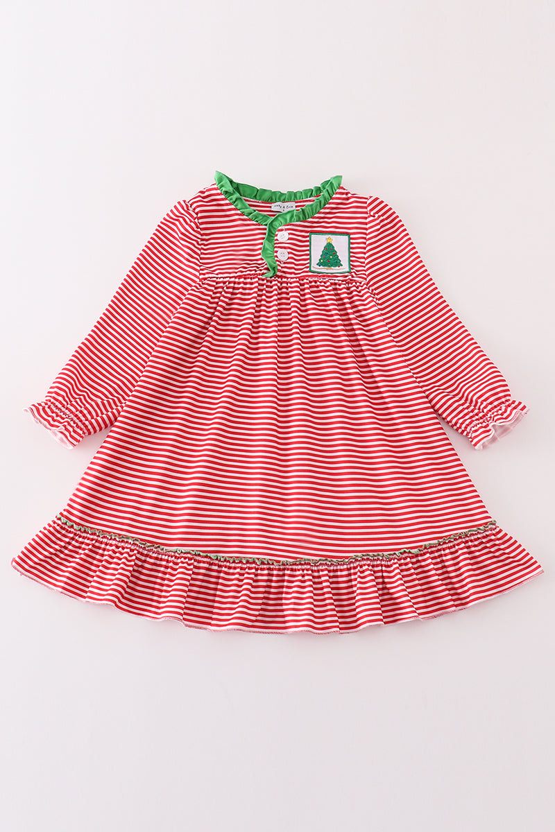 Red stripe christmas tree embroidery girl gown