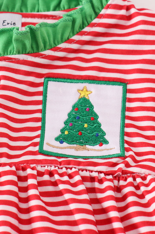 Red stripe christmas tree embroidery girl gown