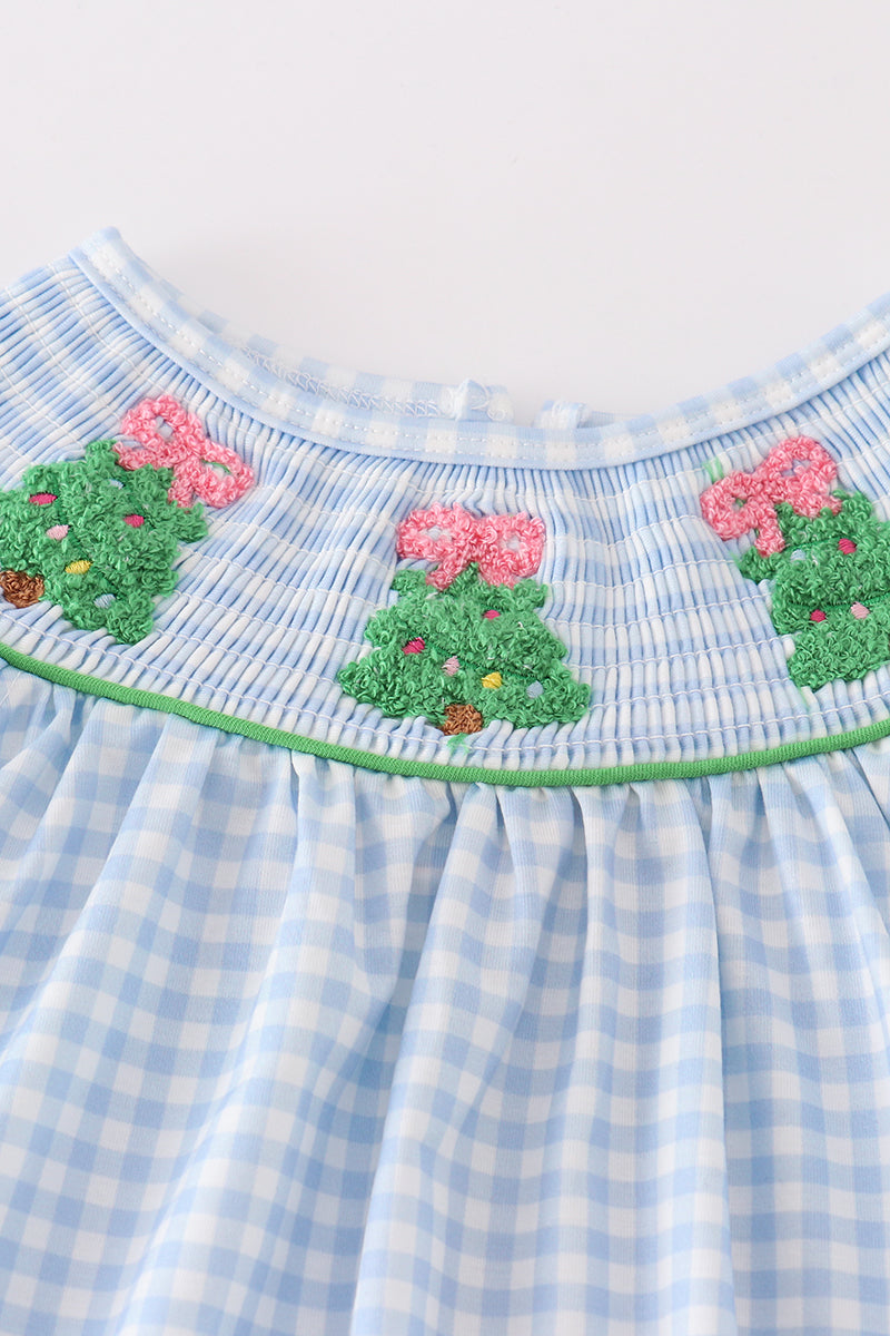 Blue christmas tree french knot smocked girl set