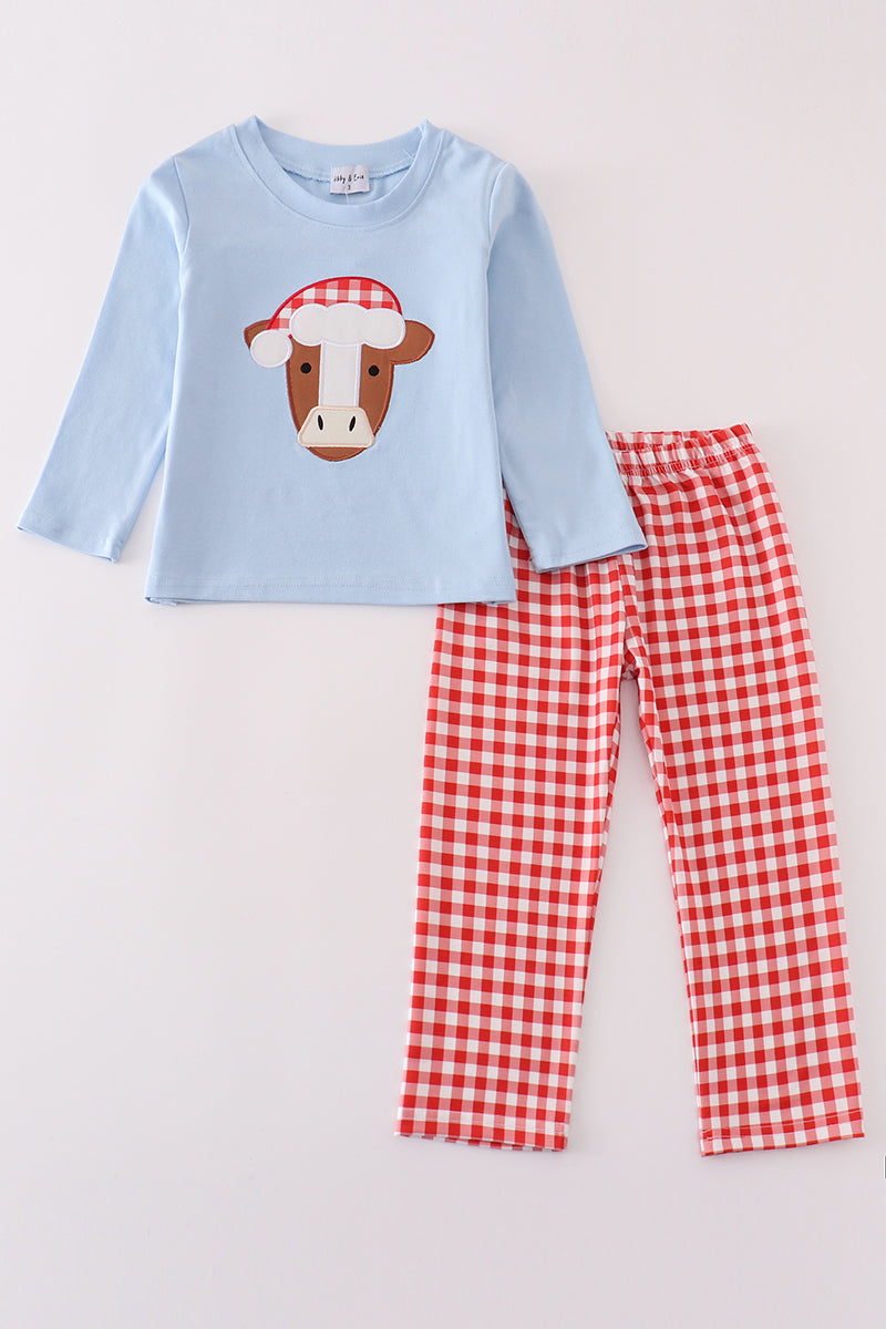 Blue christmas cow applique boy set