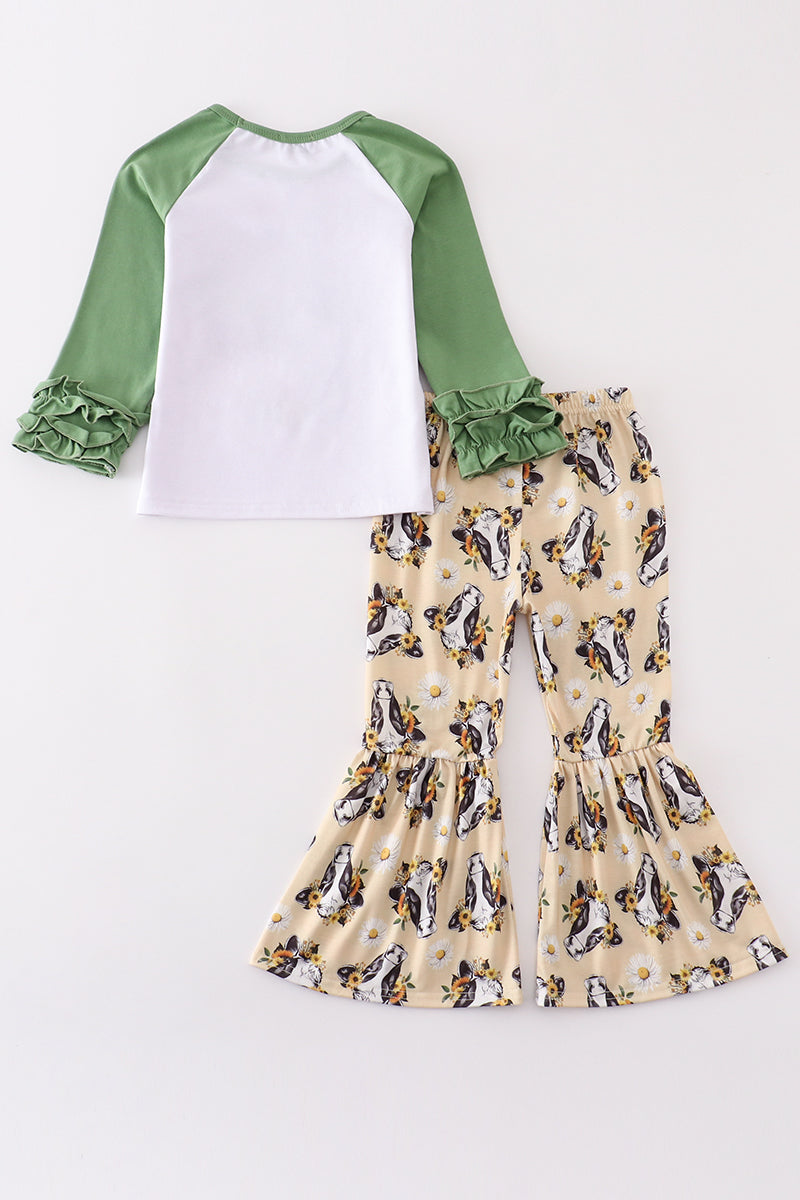 Green cow print girl set