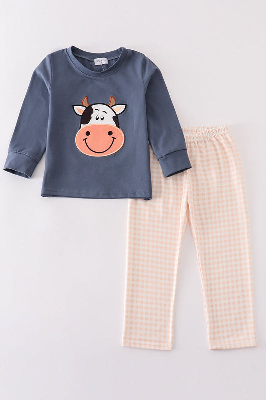 Blue cow applique boy set