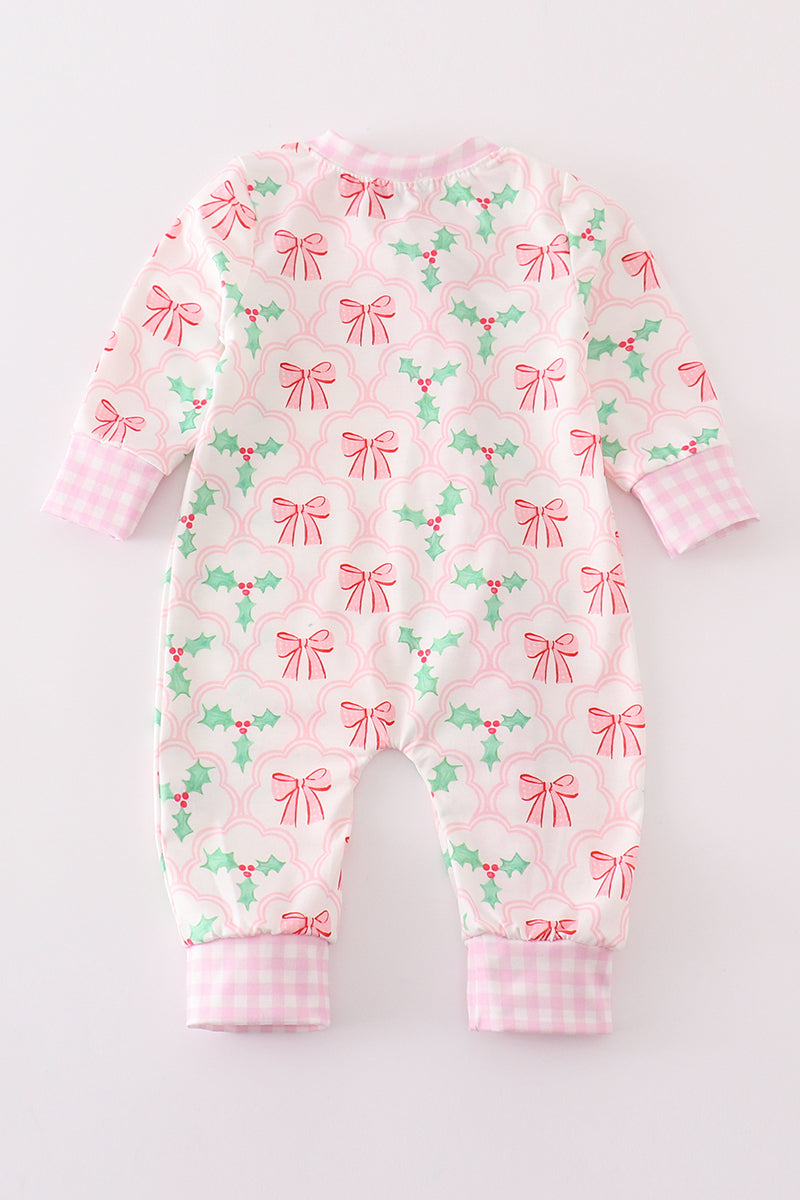 Pink christmas holly bow print girl romper