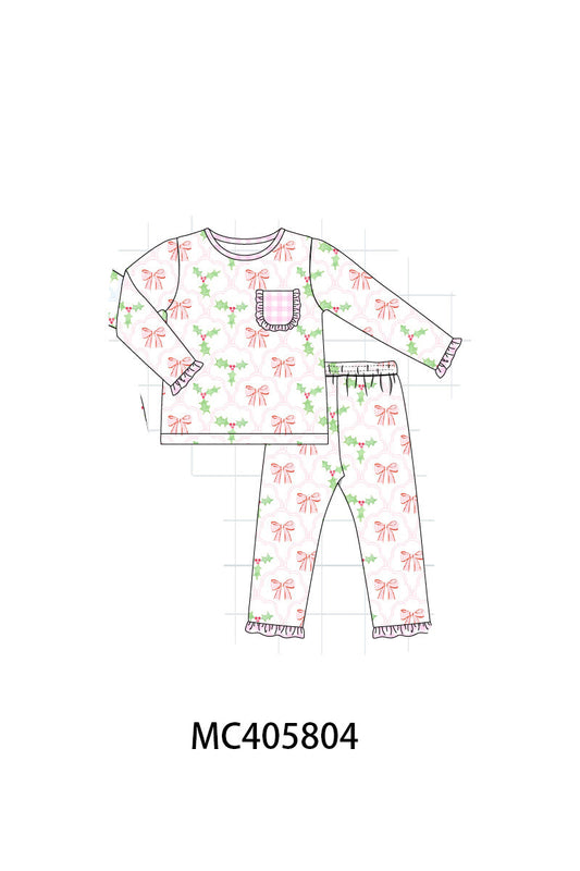 Pink christmas holly bow print girl pajamas set