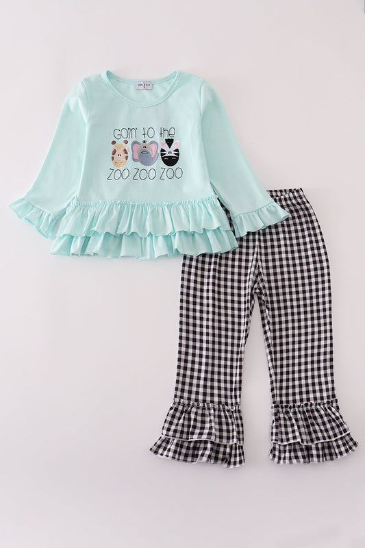 Blue GOIN TO THE ZOO embroidery ruffle pants set