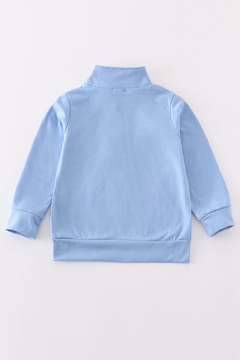 Blue character embroidery boy zipper pullover