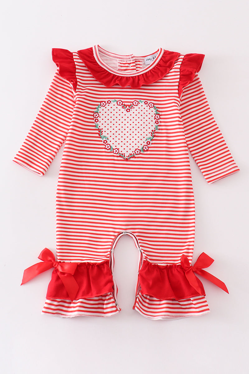 Red stripe valentine heart applique girl romper