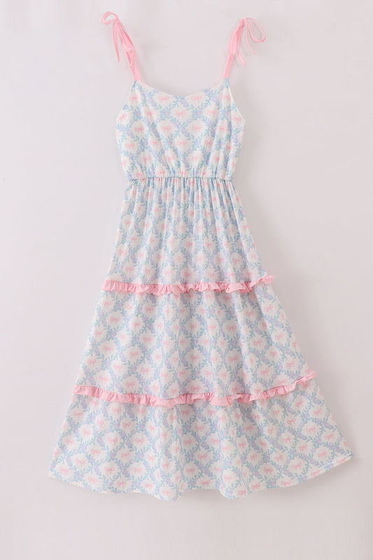 Pink bow print ruffle mom dress