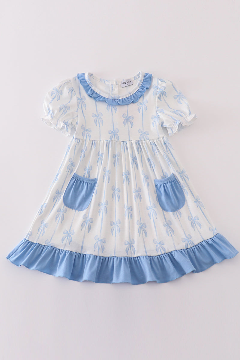 Blue bow ruffle girl dress