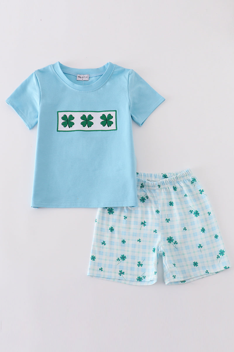 Blue clover embroidery boy set