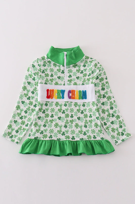 Green lucky charm french knot clover girl pullover