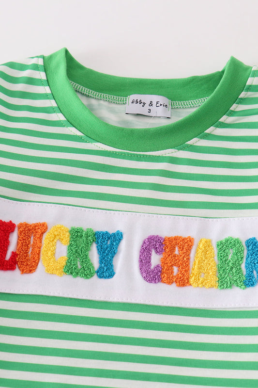 Green stripe lucky charm french knot boy set