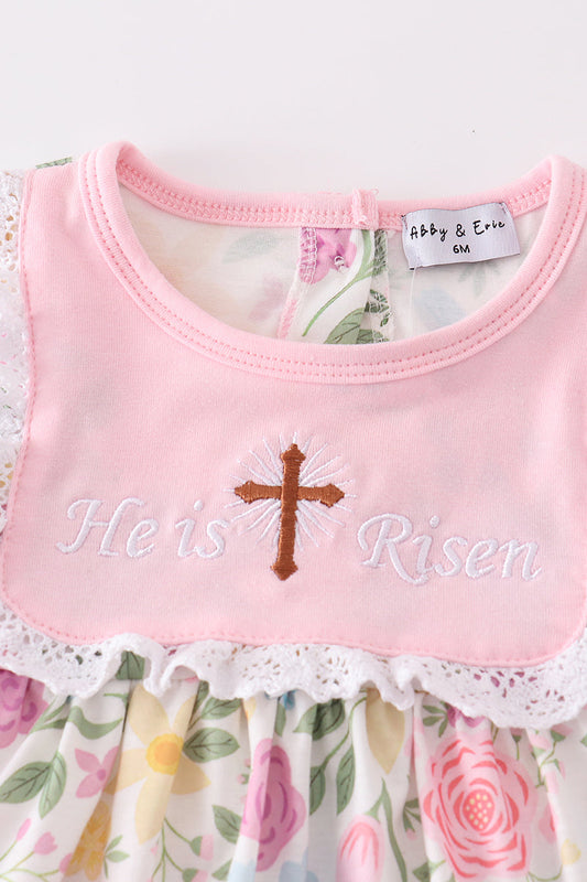 Pink easter cross he is risen embroidery girl bloomer set