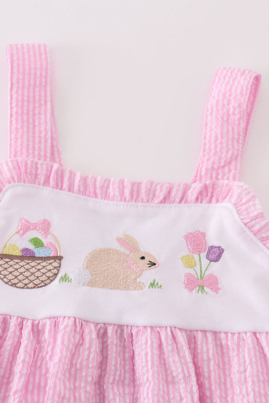 Pink seersucker bunny floral embroidery dress