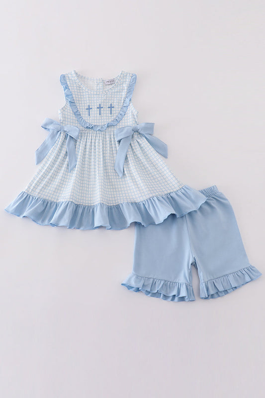 Blue easter cross embroidery girl set