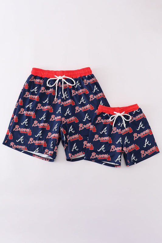 Navy Georgia Atlanta Braves dad & boy swim trunks