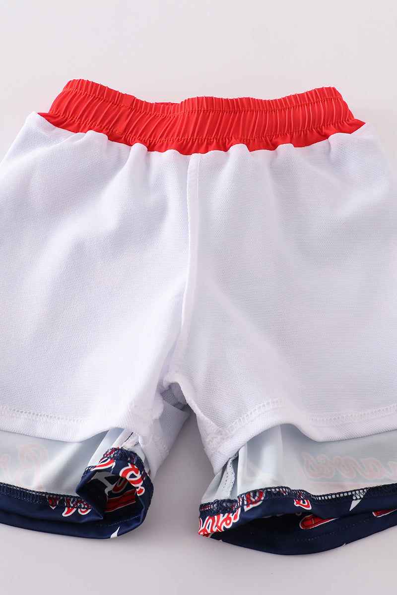 Navy Georgia Atlanta Braves dad & boy swim trunks