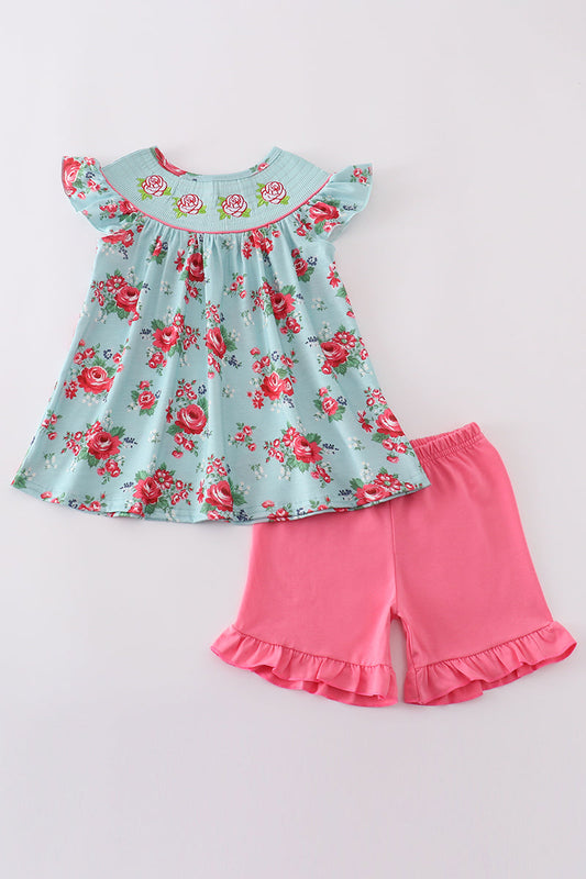 Rosebud bliss print smocked girl set
