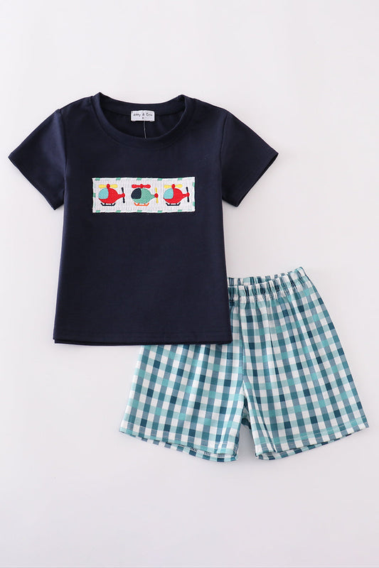 Navy helicopter embroidery smocked boy set