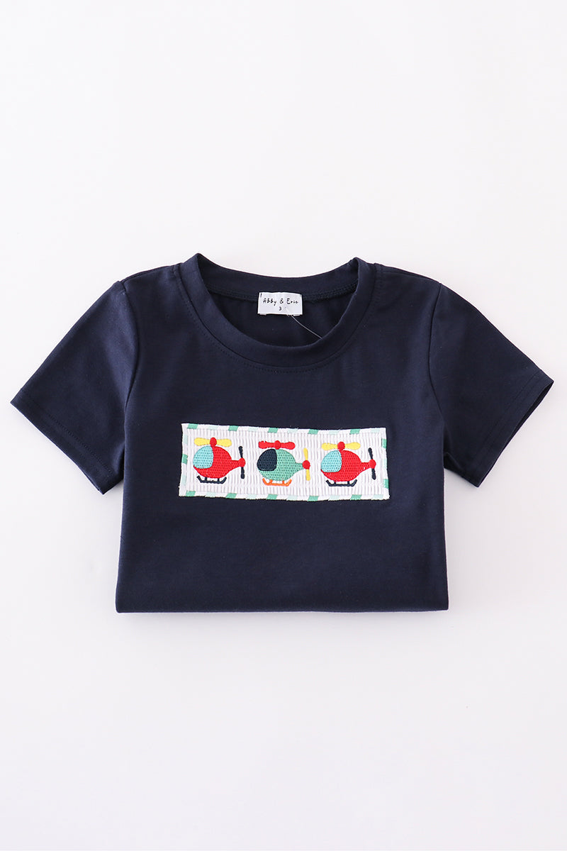 Navy helicopter embroidery smocked boy set