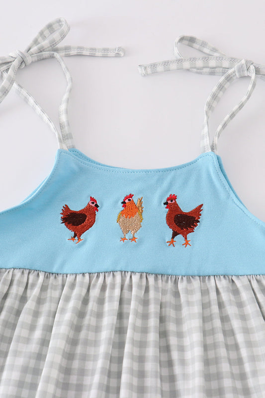 Blue farm chicken embroidery short set