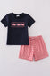 Navy flag embroidery shorts set