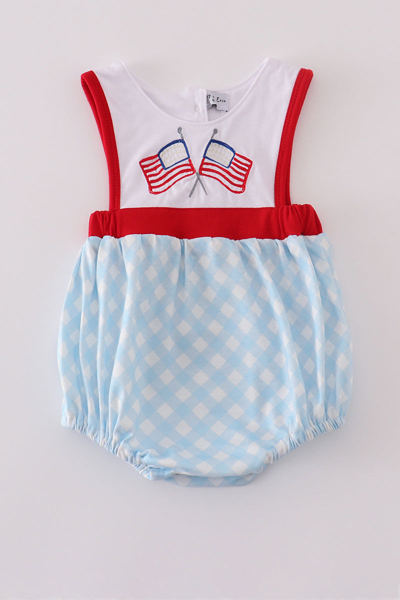 Blue flag embroidery bow gingham bubble