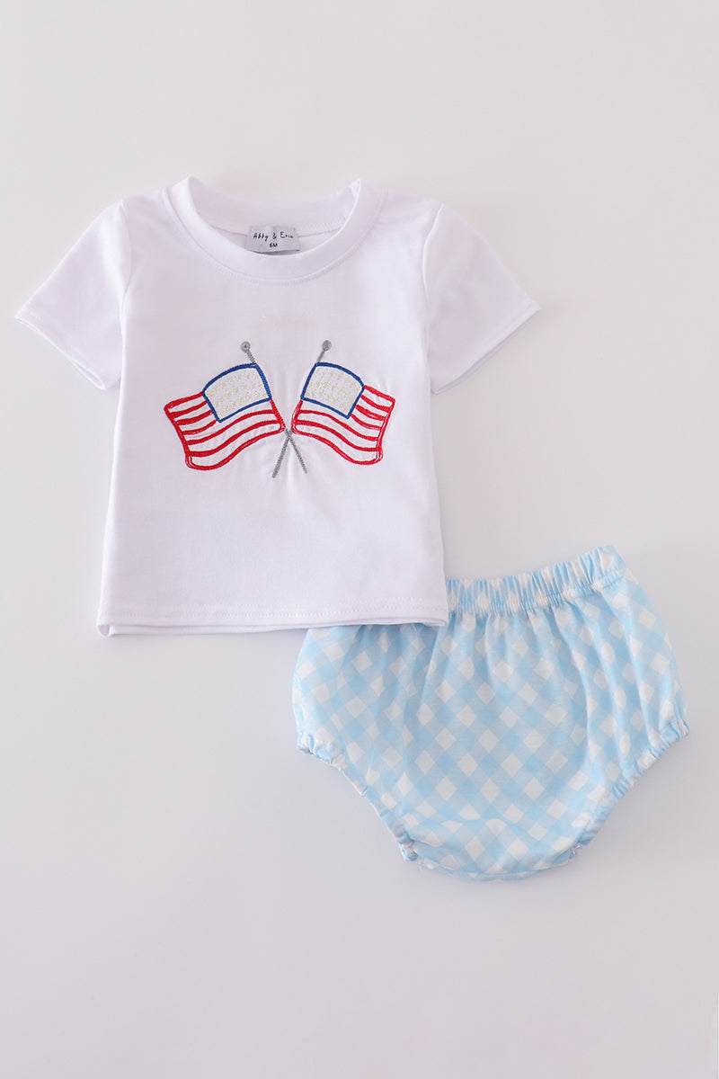 Blue flag embroidery gingham bloomer set