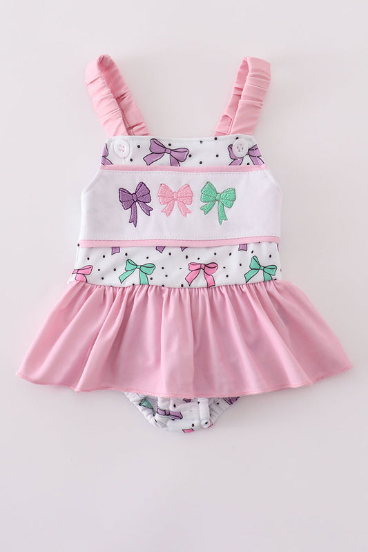 Pink bow embroidery one-piece swimsuit (UPF50+)