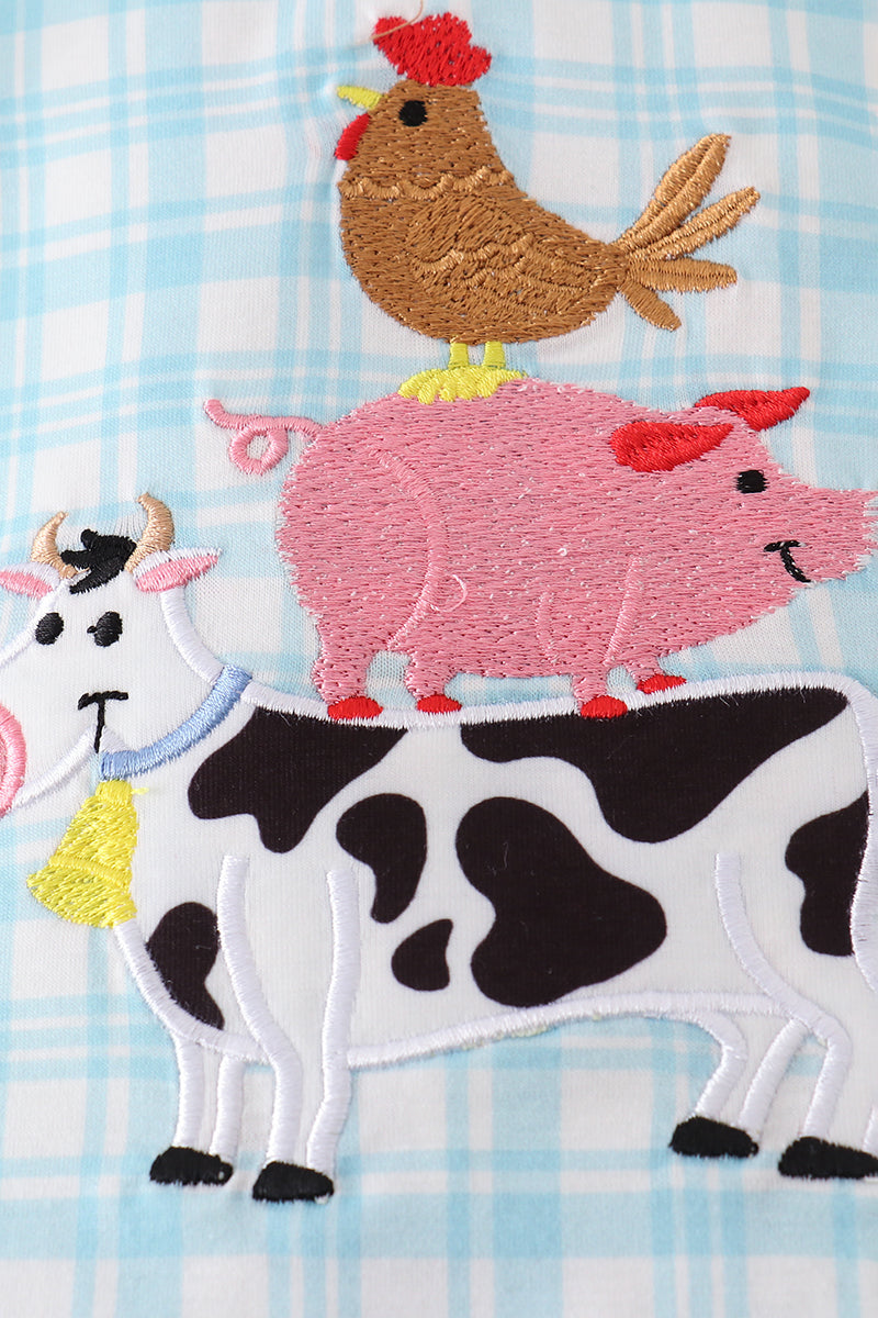 Blue farm applique plaid bloomer set