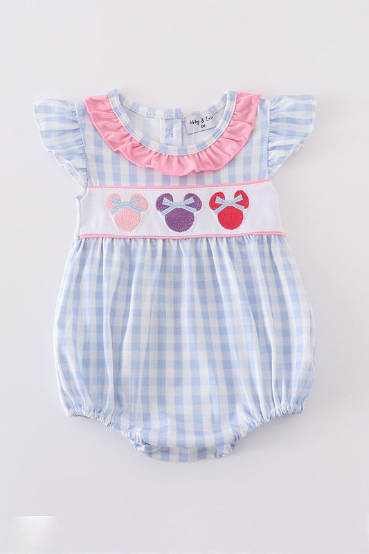 Blue character embroidery gingham ruffle bubble