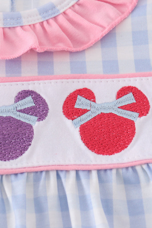 Blue character embroidery gingham ruffle bubble