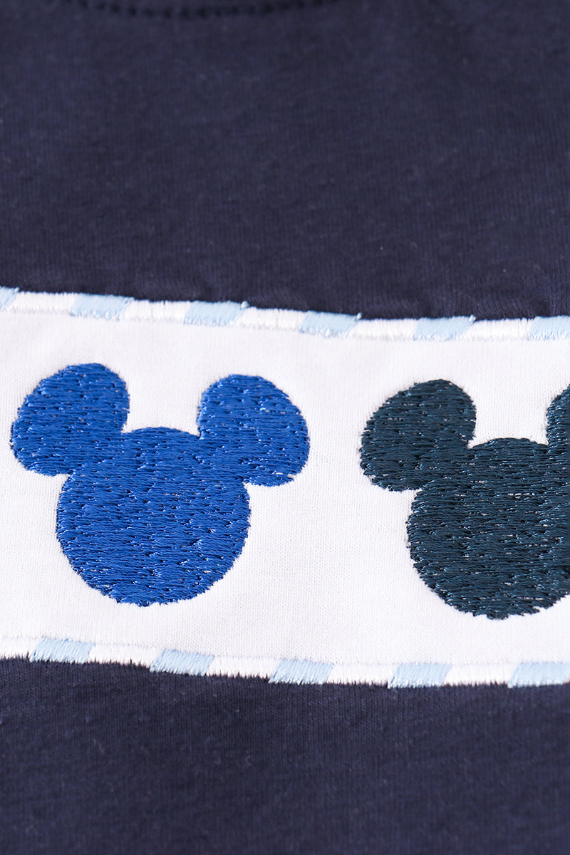 Navy character embroidery gingham shorts set