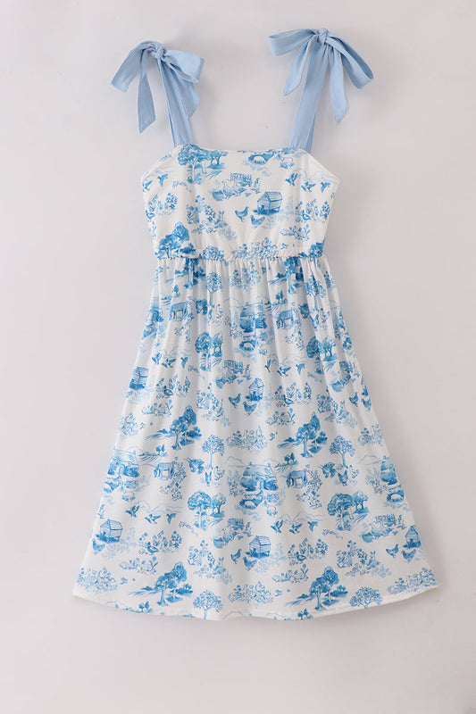 Blue farm print mom dress