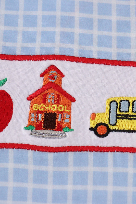 Blue apple bus embroidery plaid top