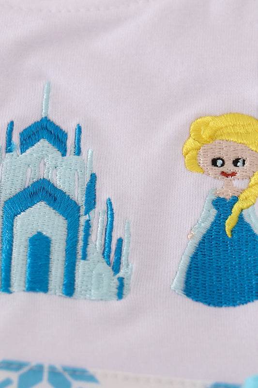 Blue character embroidery bow ruffle shorts set