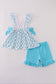 Blue character embroidery bow ruffle shorts set