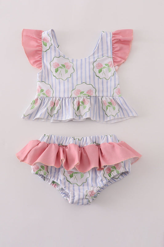 Floral stripe ruffle 2pc swimsuit UPF50+