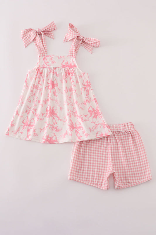 Pink bow print ruffle shorts set