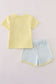 Blue character embroidery gingham shorts set
