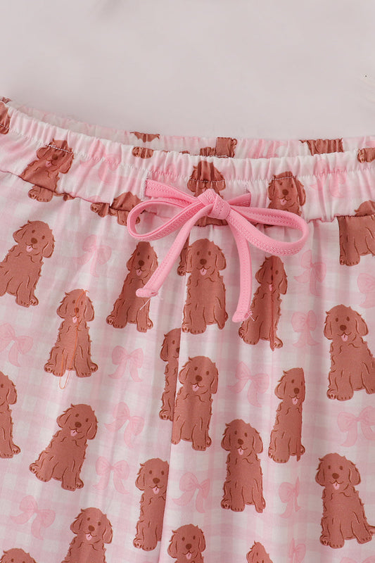 Pink puppy bow print ruffle pajamas mom pants