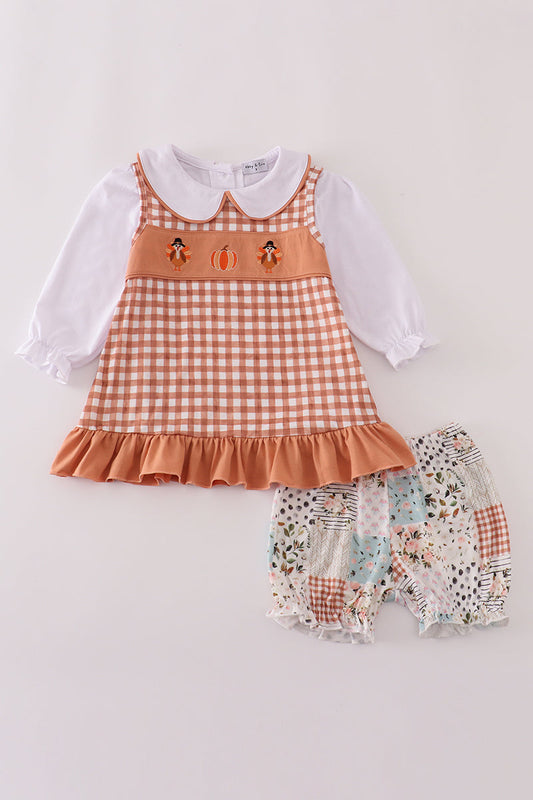 Fall floral print turkey pumpkin embroidery 3pc set