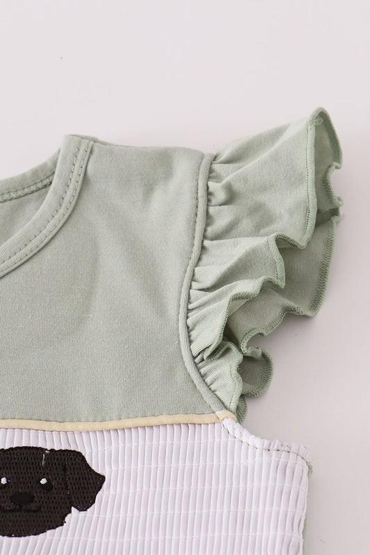 Puppy embroidery smocked ruffle pants set