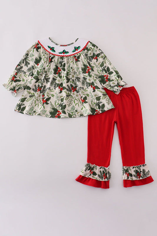 Green holly floral smocked ruffle pants set