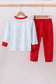 Blue car embroidery gingham pants set