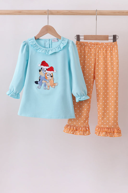 Blue christmas character embroidery ruffle pants set