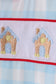 Blue gingerbread house embroidery gingham romper