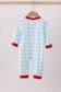 Blue gingerbread house embroidery gingham romper